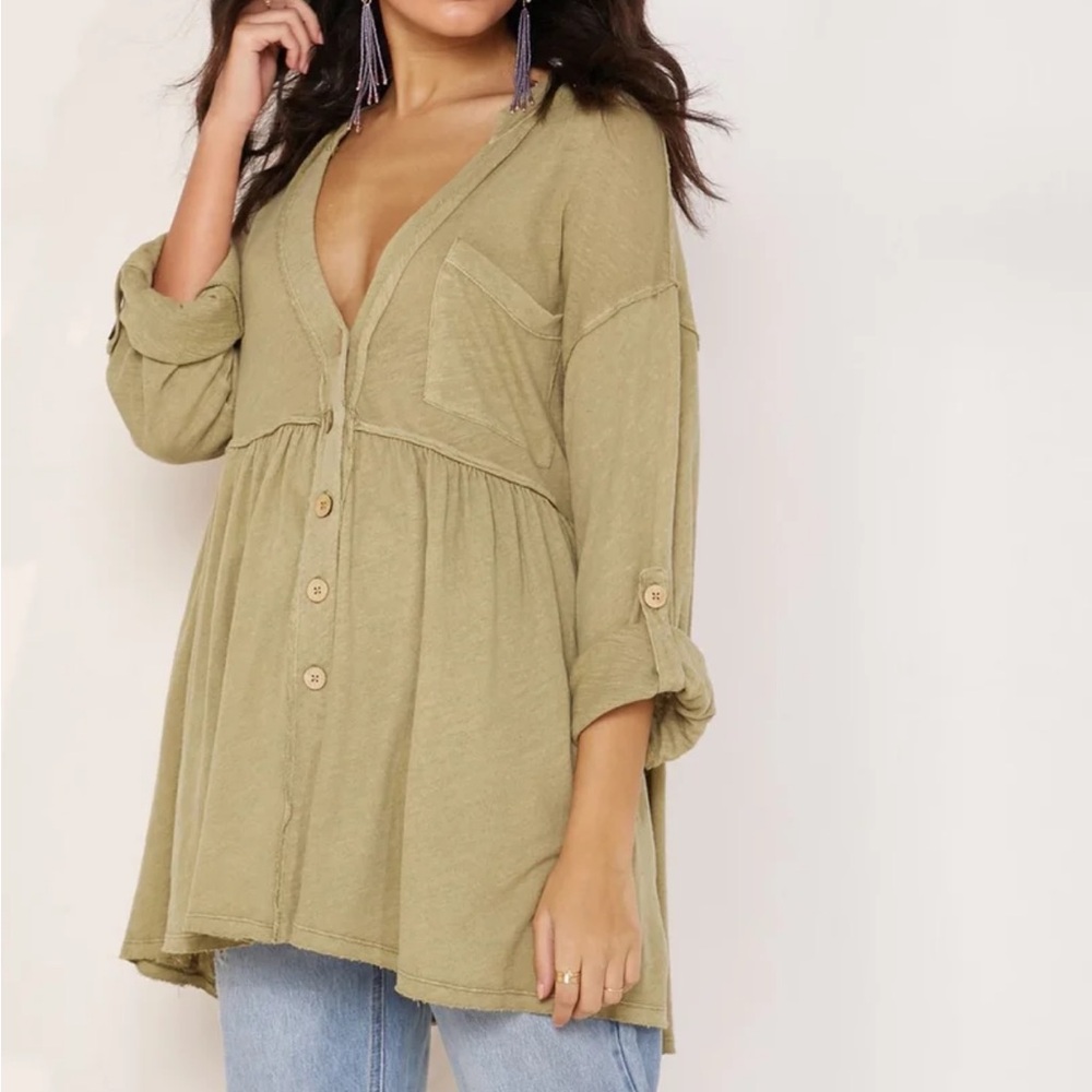 Free People X We The Free Jolin Linen Cotton Tunic Blouse Top Hot Spring Green
